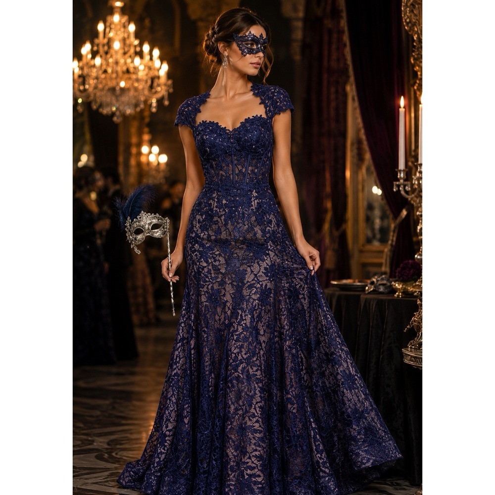 Mac Duggal HTF #79306 "Midnight" Blue Lace Mermaid Gown Size 12